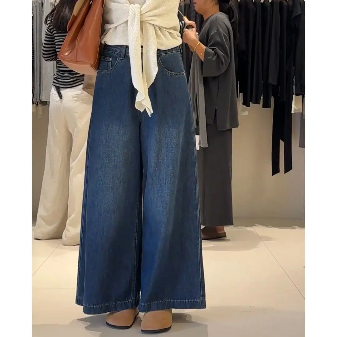 

Весенне-осенние новые винтажные синие широкие джинсы с высокой талией для женщин, широкие модные свободные и повседневные прямые брюки