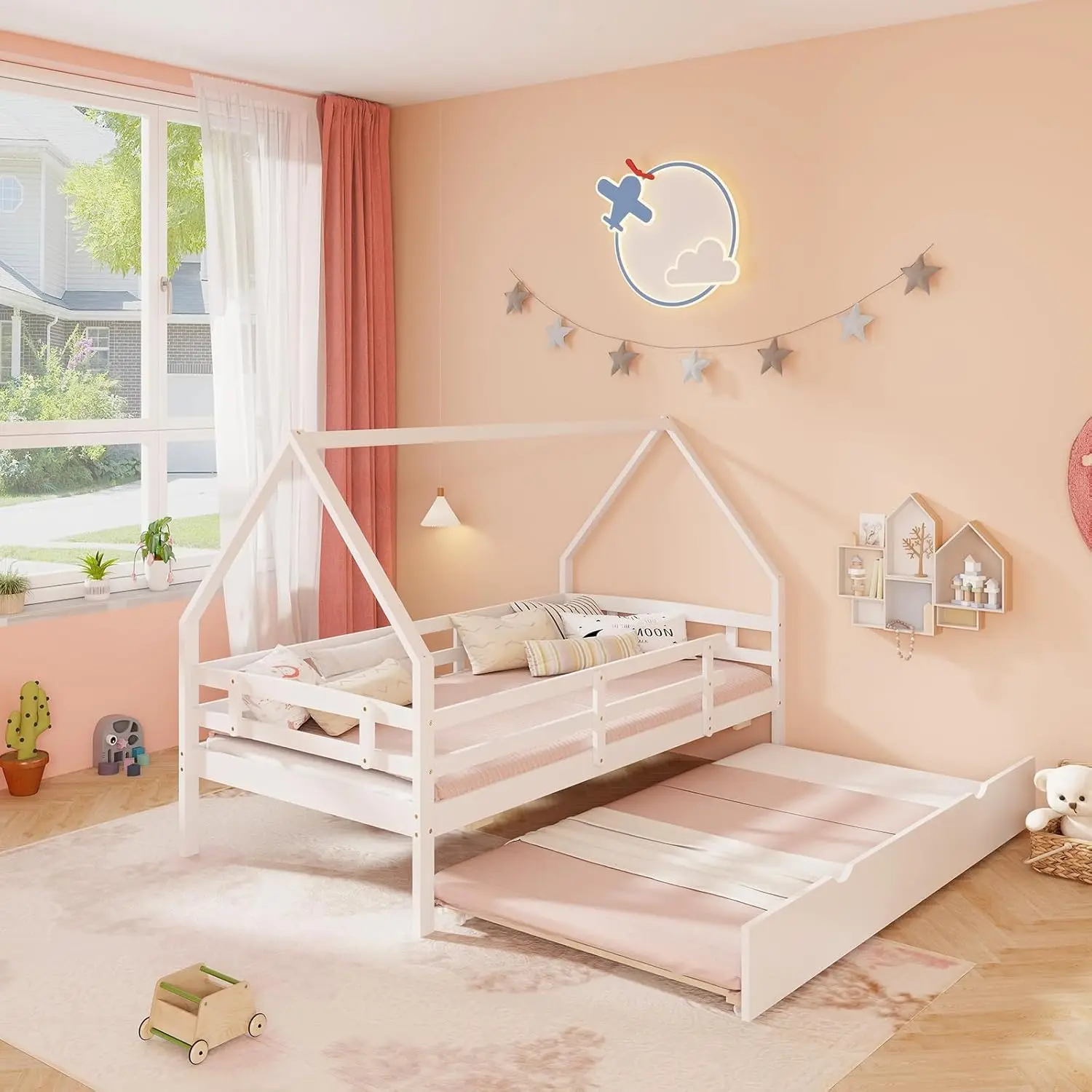 Twin House Bed with Trundle, Wood Kids Bed Frame with Roof & Fence Rails, Montessori Bed for Kids, Teens, Girls & Boys, No Box