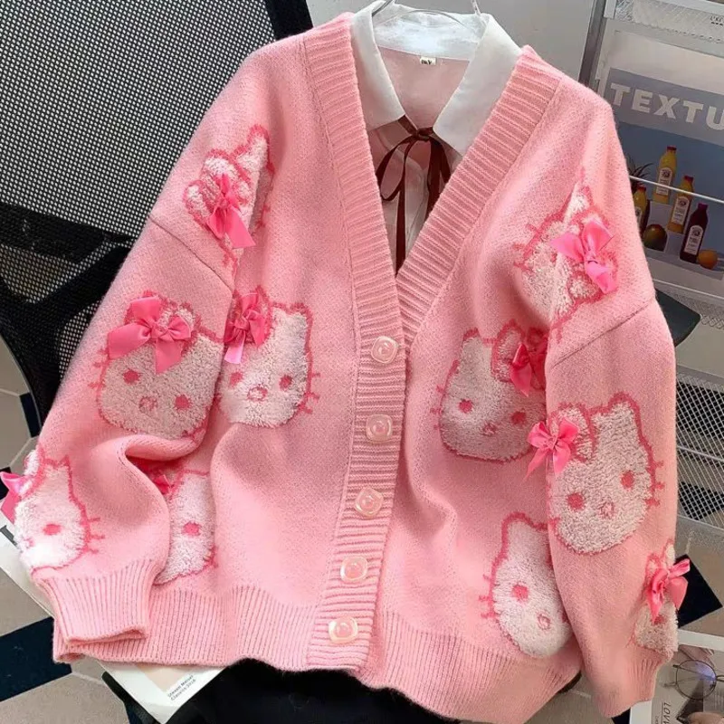 Women\'s Knitwear Clothing Pink Sweet Cute Hello Kitty Cardigan Sweater, Women\'s Spring And Autumn Loose Oversize Knitted Outwear