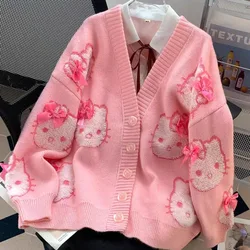 Women's Knitwear Clothing Pink Sweet Cute Hello Kitty Cardigan Sweater, Women's Spring And Autumn Loose Oversize Knitted Outwear