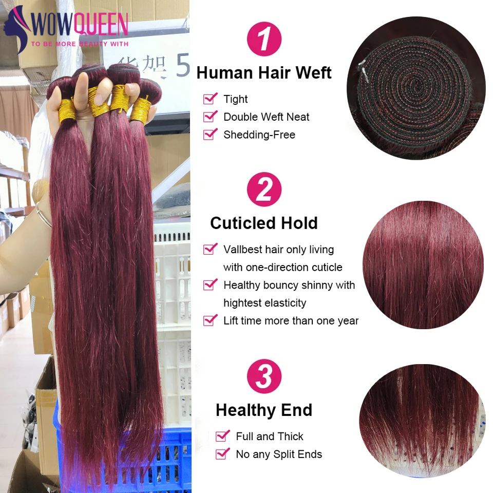 99J Straight Brazilian Human Hair Bundles Burgundy Red Straight Hair Weave Bundles 1/3/4 PCS Remy Bundles Deals Hair Extensions