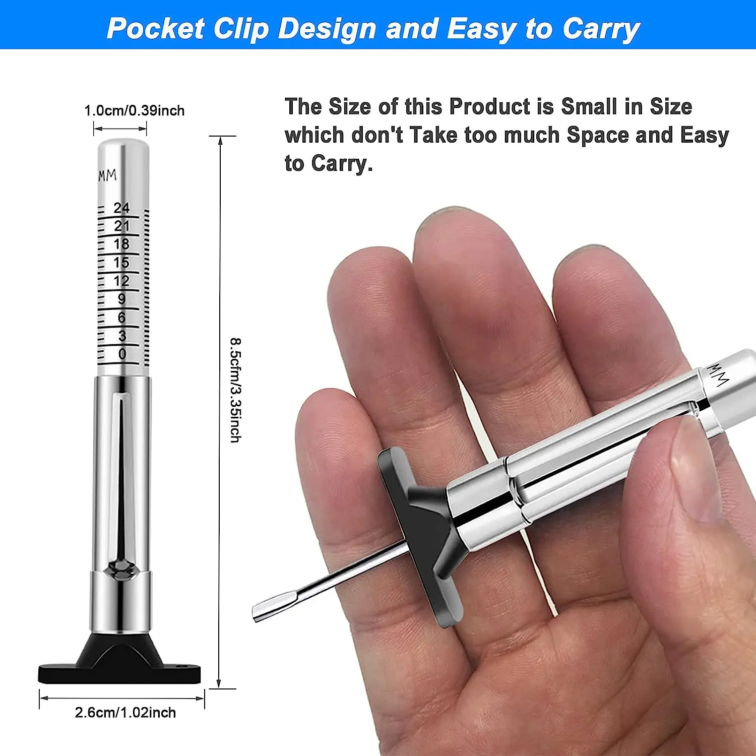 ATsafepro Tyre Tread Depth Gauge UK, Stainless Steel Tyre Tread Depth Checker, Tyre Depth Measurement Tool in 25MM/32nds