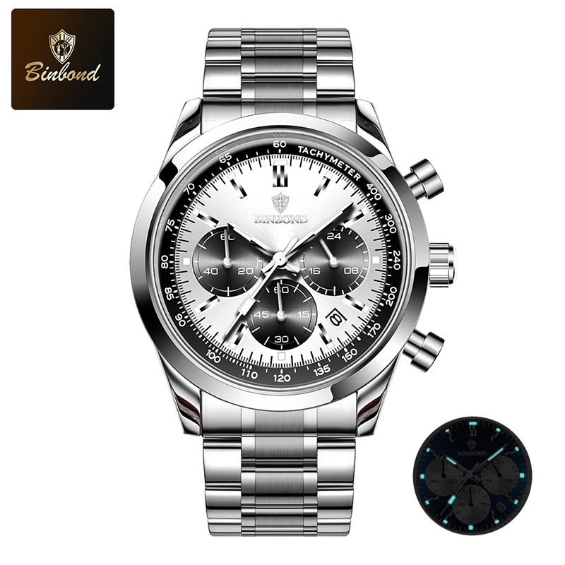 BINBOND 1pc Luxury Men Quartz Watch Stainless Steel Strap Waterproof Luminous Automatic Date Watch Fashion Business Timer Watch