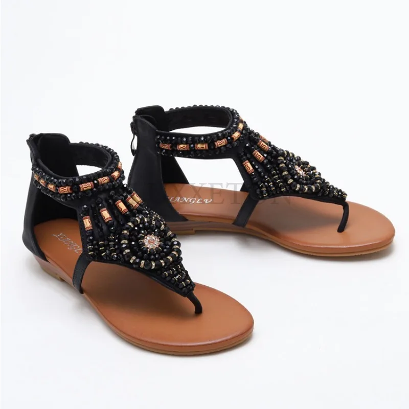 Women Clip on Sandals with Sloping Heels Rhinestones Roman Sandals with T-shaped Straps Handmade Beaded Versatile Shoes