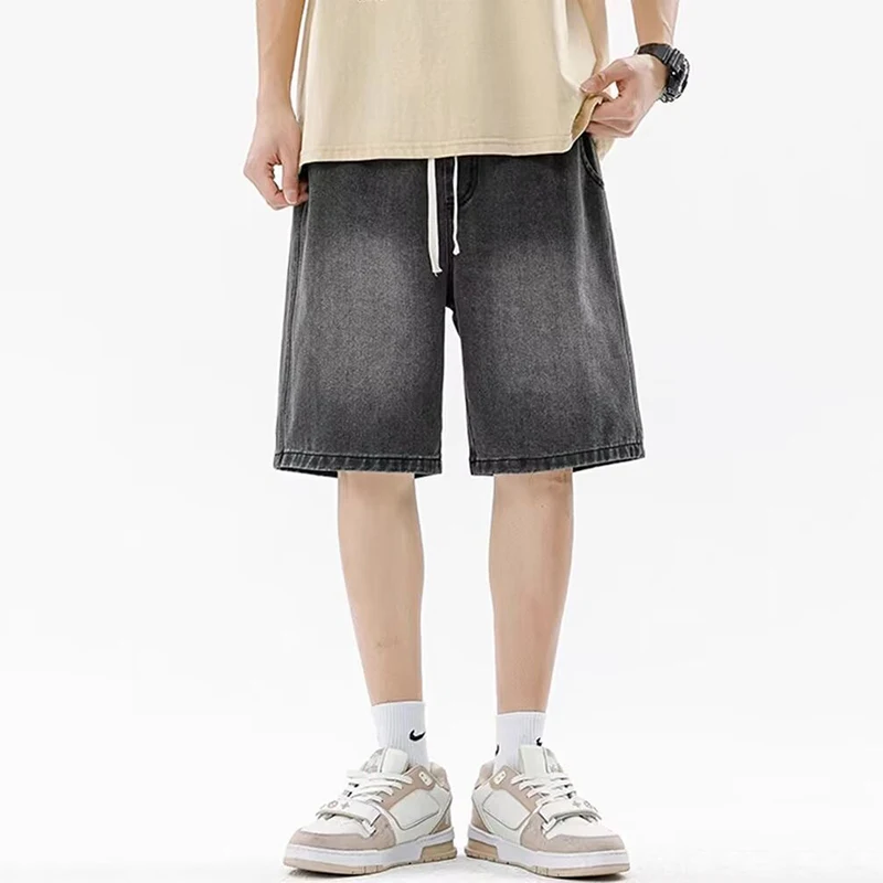 

Men Casual Denim Shorts Male New Elastic Waist Straight Leg Comfortable Light Blue Soft Short Pants Baggy Wide Leg Jeans
