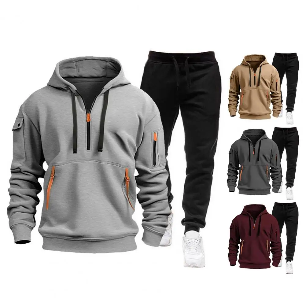 Men Sweatshirt Pants Set Men's Hooded Sweatshirt Elastic Waist Pants Set Fashionable Baggy Tracksuit With Long Sleeve For Men