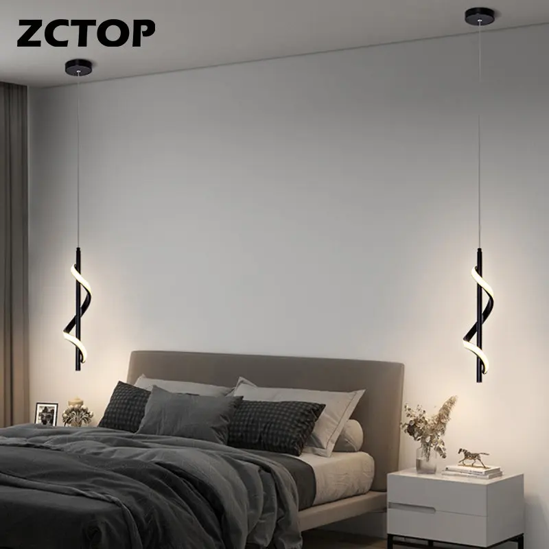 

New Modern Led Pendant Lamps Bedroom Bedside Hanging Lamps White Black Small Chandelier Spiral Design Home Indoor Decor Lighting