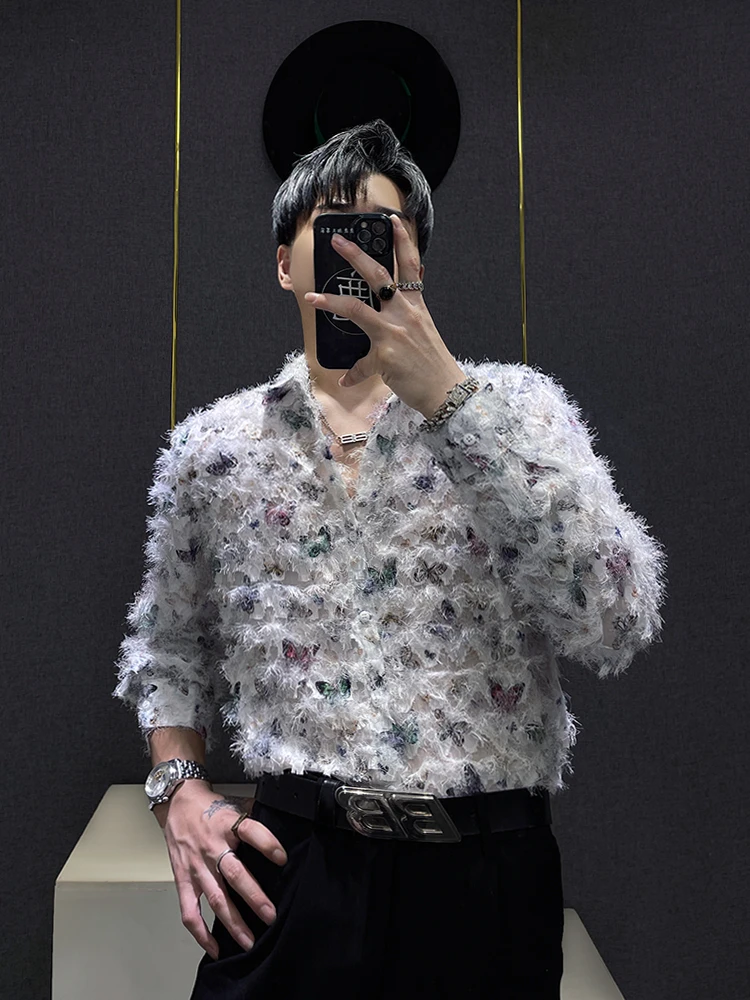 

Faionable Lace Trim Long Sve Men's irt Spring Summer New Arrival Ele Trendy Chinese Brandl Stand Fit