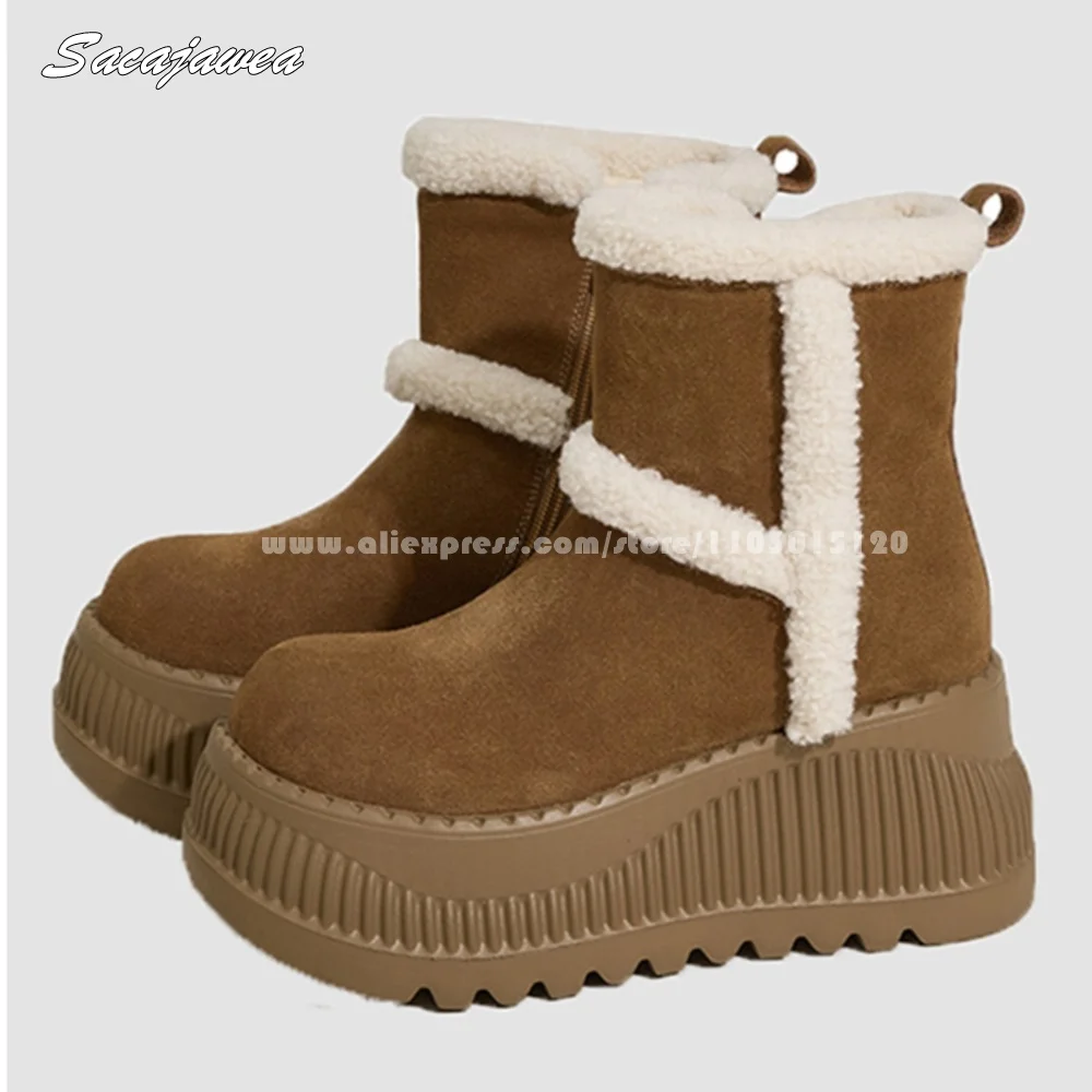 

Cow Suede Short Plush Thick Sole Snow Boots 2025 Winter New All-Match Casual Boots Round Toe Platform Lady Boots