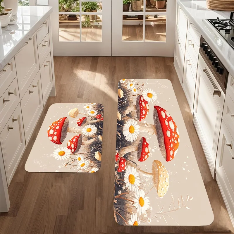 Kitchen Rug Mushroom Flower Pattern Design Comfortable Mats, for Bedrooms, Living Rooms, Dining Areas, Bathrooms, Laundry Rooms