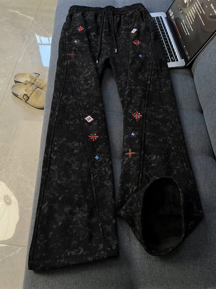 

Bla Embroidered Tie-Dye Fce Men's Spor Straight Leg Pants Retro American Sle Bell Bot Youth Faion Casual Wear