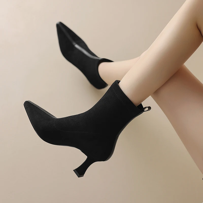 

Новинка 2026, осенне-зимние женские ботильоны, рост 22-24,5 см, эластичные фланелевые современные ботинки с острым носком, модные узкие ботинки разных цветов