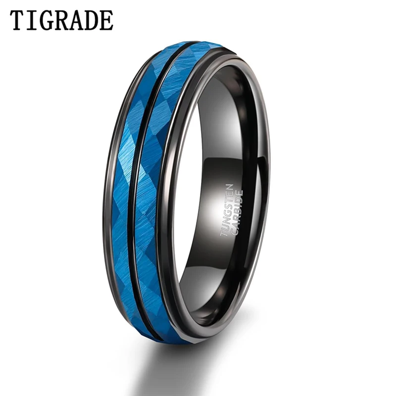 Tigrade 6mm Blue Tungsten Carbide Rings For Men Women Hammered Multi-faceted Matte Finished Engagement Wedding Band Couple Ring