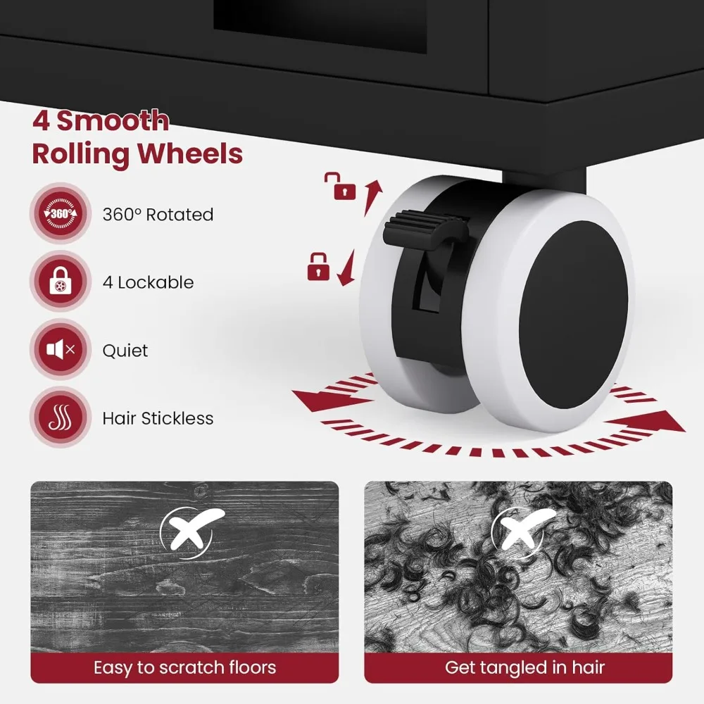 عربة صالون Giantex لمصففي الشعر، عربة ترولي خشبية قابلة للقفل على عجلات، خزانة تخزين ذات 3 أدراج، صينية أدوات جانبية، مجفف شعر #4