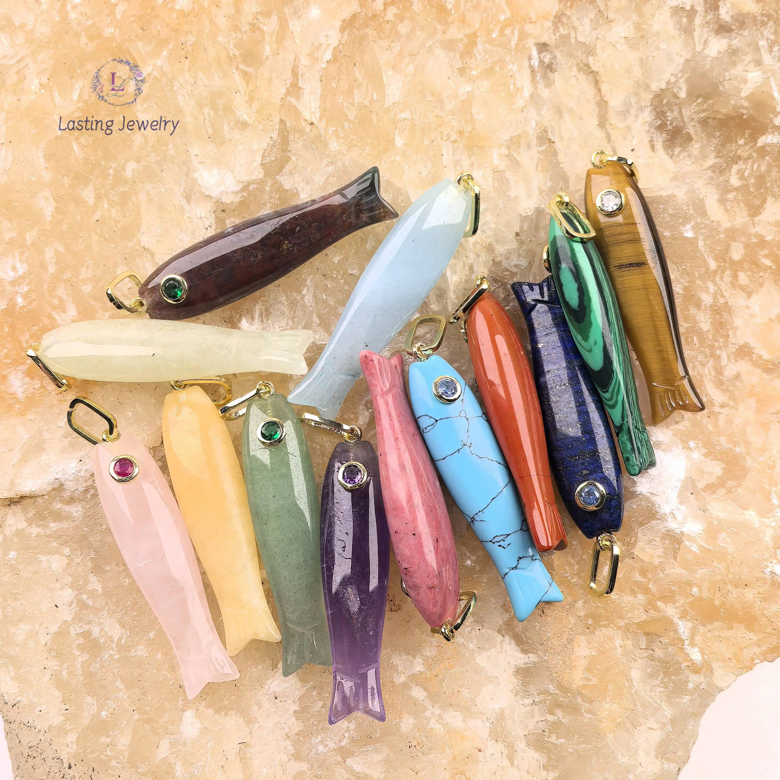 Carved Crystal Fish Pendants With Inlaid Colored Zircon Beads Healing Quartz Gemstone Animal Charms For Necklace Jewelry Making
