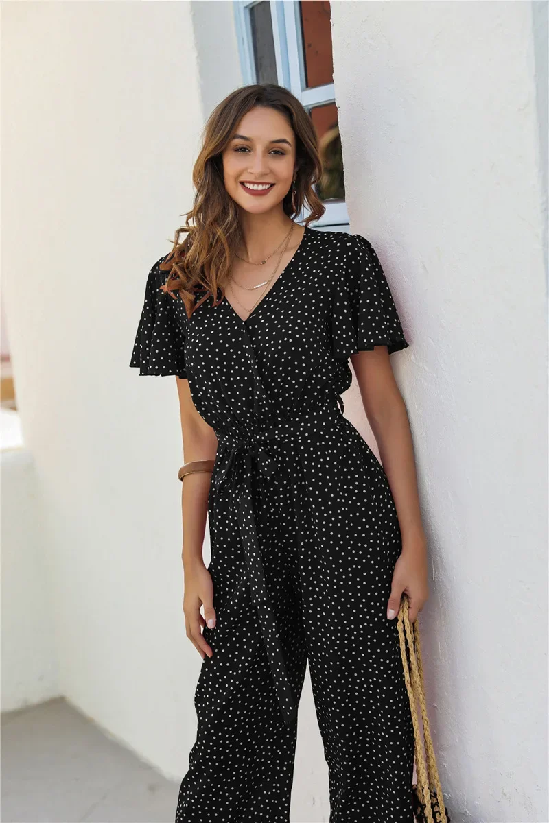 Dot Print Ruffle V-Neck Jumpsuits Summer Women Casual Loose Homewear Vintage Short Sleeve Playsuits 2021 Boho Rompers Overalls