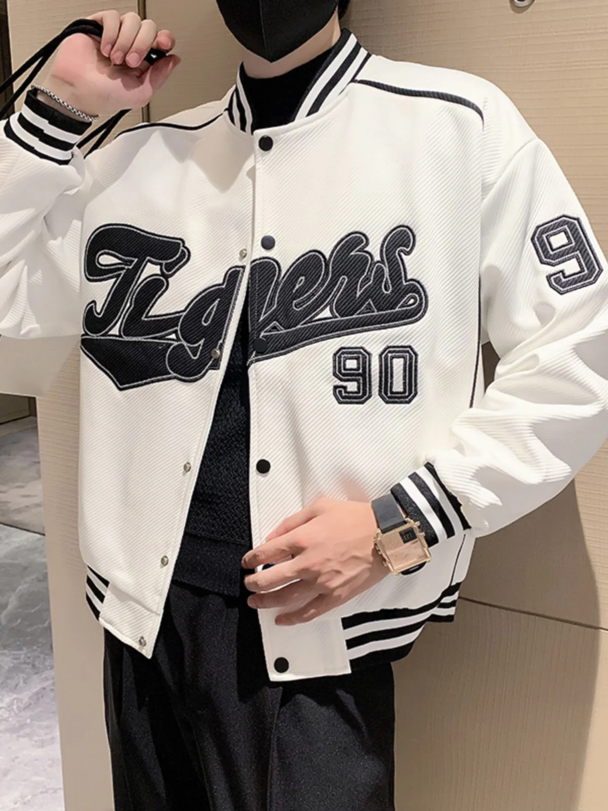 

2024 New Men's Baseball Jaet Cotton Coat Winter Sle Faion Urban Youth Outerwear Anti-Wrinkle Long Sve Baseball Collar