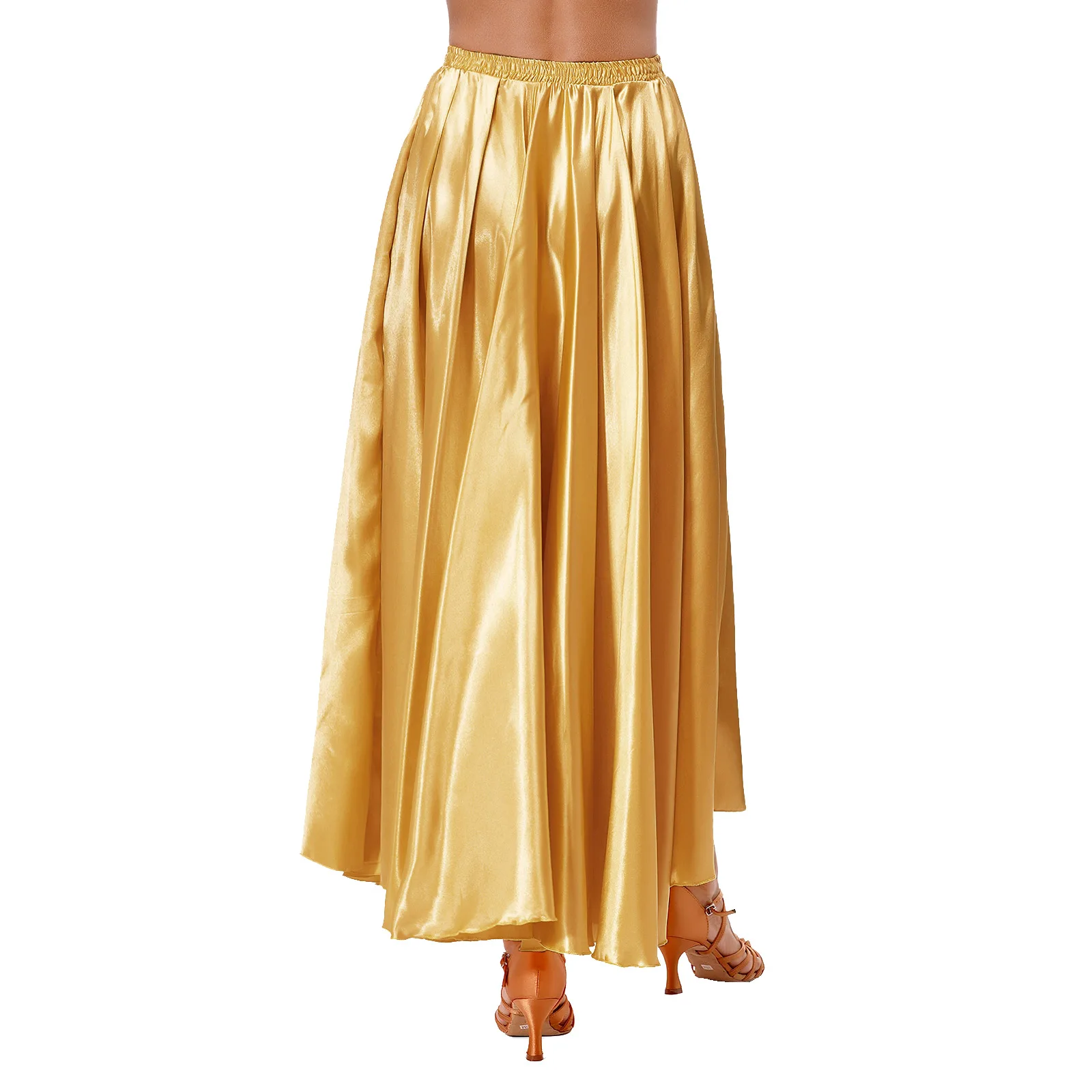 Womens Wide Hemline Satin Skirt Belly Dance Practice Stage Performance Costume Solid Color Ruffle Maxi Skirt for Festival Event