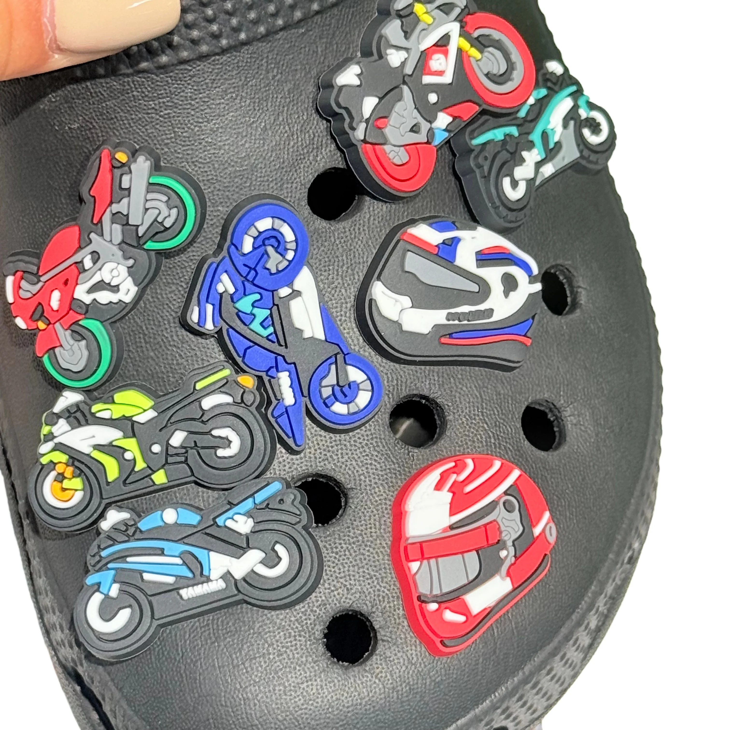 1/12Pcs Mix Helmet Motorcycle Shoe Accessories Cool Man Woman PVC Sandals Button Charms Fit Birthday Presents