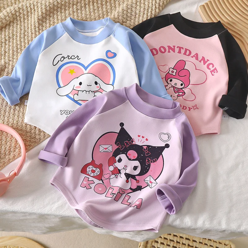 2024 Autumn New Casual Sweatshirts Sanrio Carton Print Children's O Neck Long Sleeve Top Baby Girls Cute Kuromi Pullovers