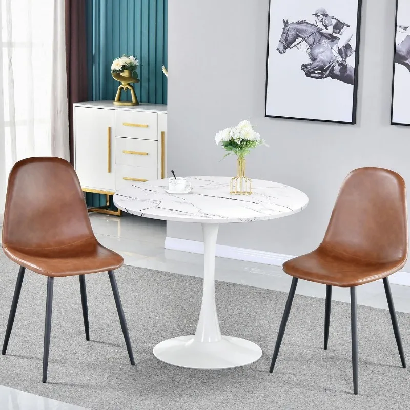 Table à manger ronde en faux marbre blanc avec socle sur piédestal, table de cuisine moderne, tulipe de loisirs du milieu du siècle, 31.5 po