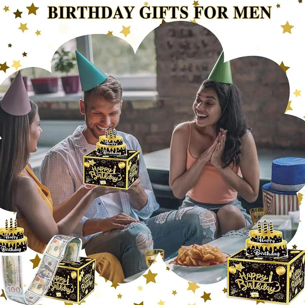 Happy Birthday Surprise Money Box For Cash Gift Pull, Black And Gold Diy Birthday Money Gift Birthday Decoration A3b7