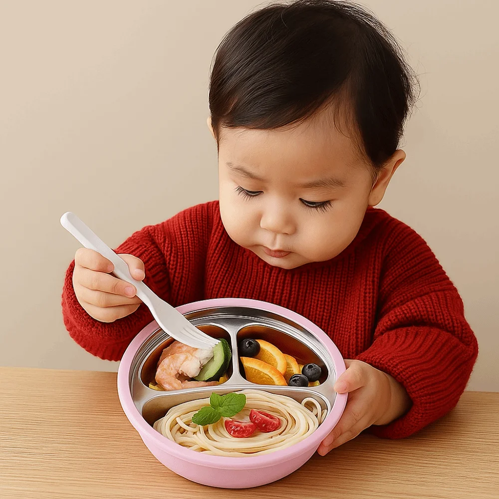 

Silicone Suction Cup Baby Sucker Dining Plate Thermal Insulation 304 Stainless Steel 3 Grids Children Dishes Anti-fall