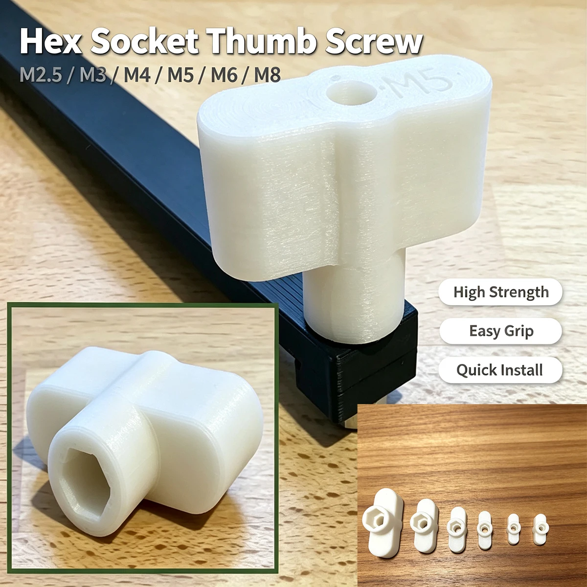 White T-Type Hex Socket Handle, Tool-Free Hand-Twist Knob, M2.5-M8 Hex Nut Quick-Tightening Wrench