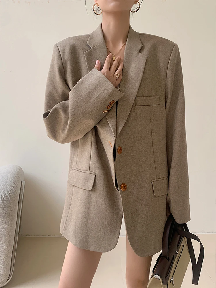 [LANMREM] Office Lady Loose Blazers For Women Single Breasted Khaki Temperament Jackets Fashion 2024 Autumn New Coat CP3087