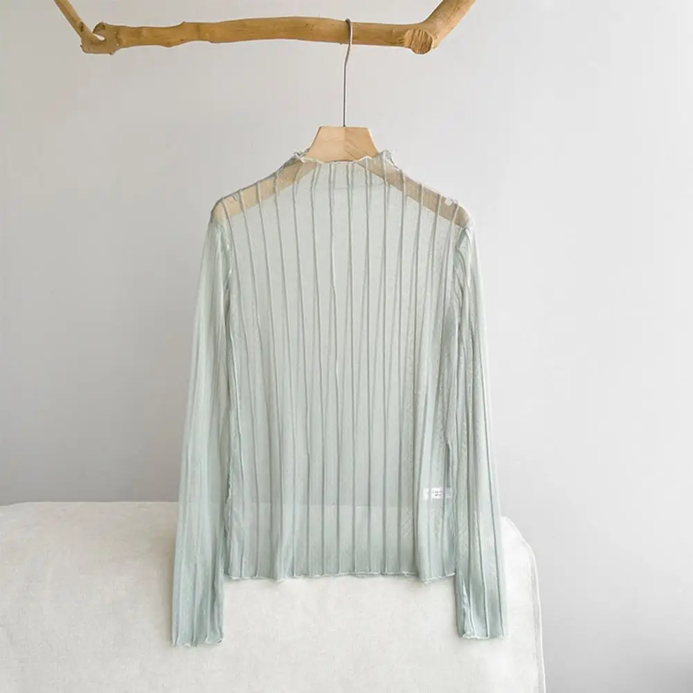 

Versatile See-through Shirt Stylish Women's Sunscreen Tops with Lace Detailing Mesh Sleeves for Daily Wear Half High Collar Long