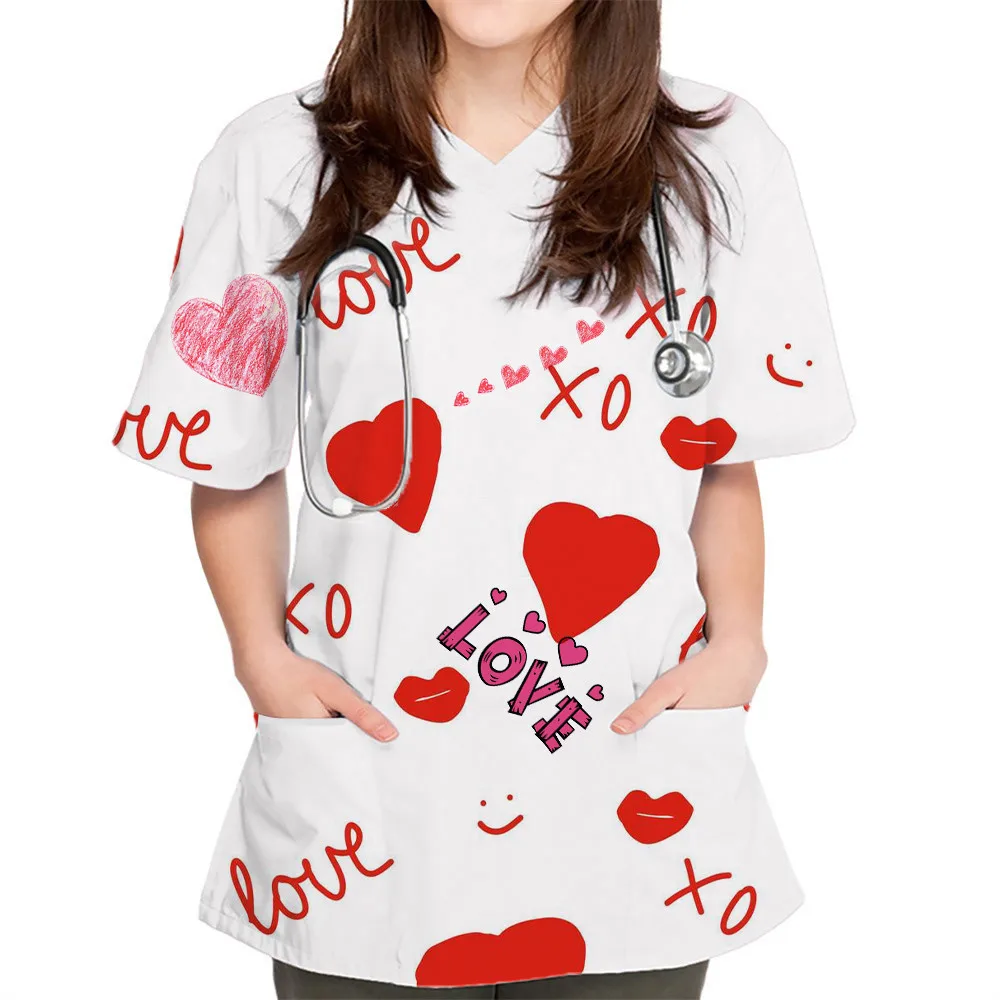 Women Heart Print Short Sleeve Working Uniform V-neck Tops Nurses Uniform Printing Pocket Blouse Tops Pet Grooming Uniforms New