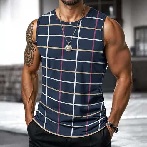 Retro Men's Vest Top 3D Print Plaid Striped Graphic Sleeveless Shirt Crew Neck Loose Streetwear Summer Fashion Casual Tank Tops - Image 8