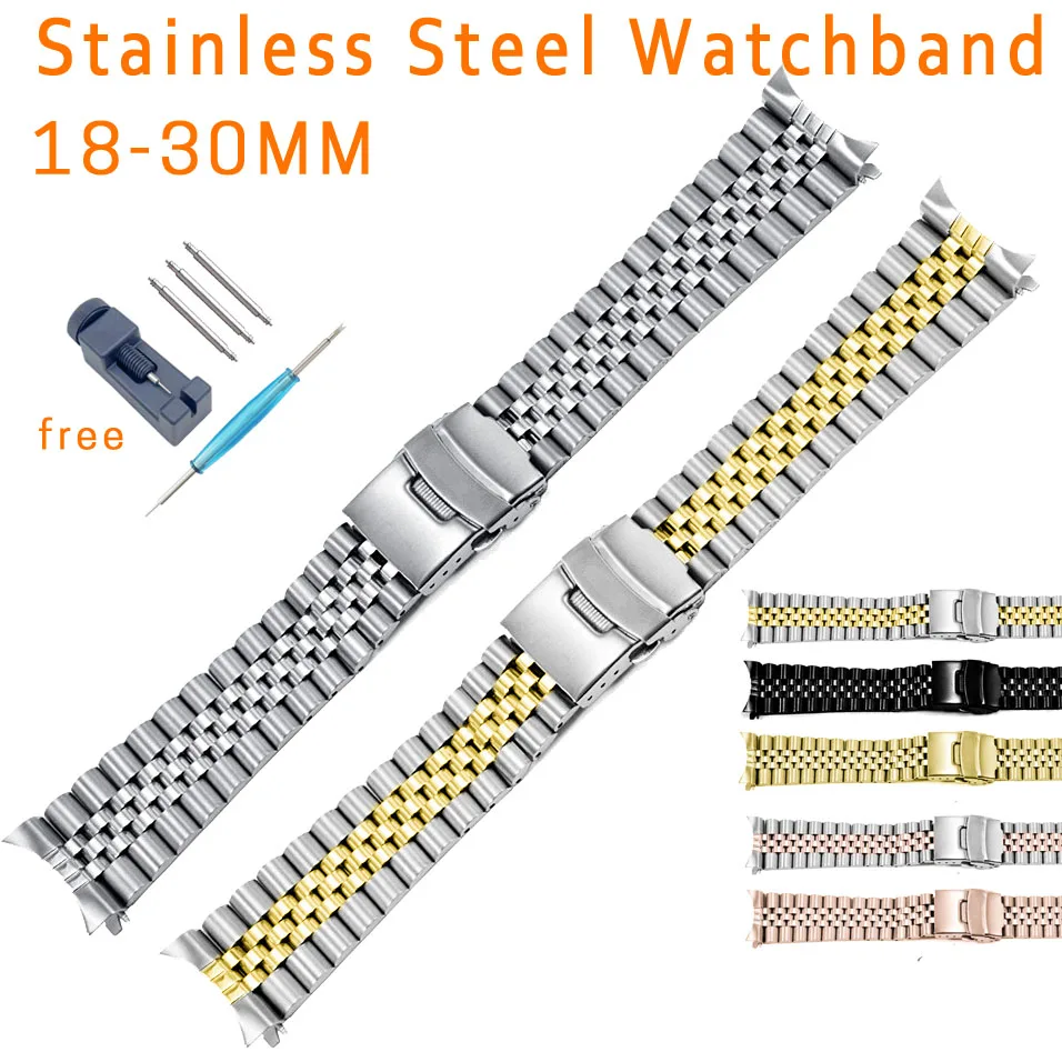 Boucle de sécurité extrémité incurvée Bracelet en métal 18 19 20 21 22mm 23 24mm 26 28 30mm Bracelet de montre femmes hommes Bracelet en acier inoxydable solide