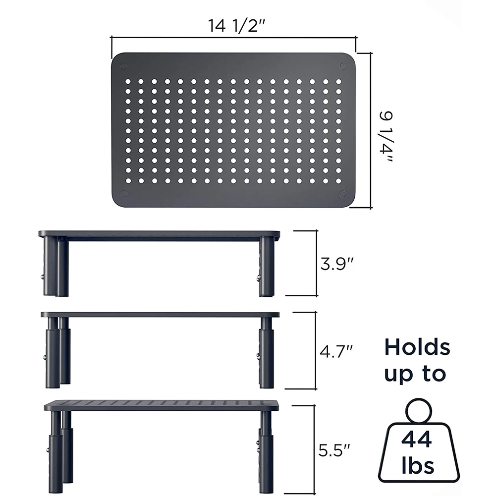 공기 통풍구가 있는 모니터 스탠드 데스크 모니터 정리함, 높이 조절 가능, 컴퓨터 랙 금속 선반 거치대 데스크 정리함, 3 개