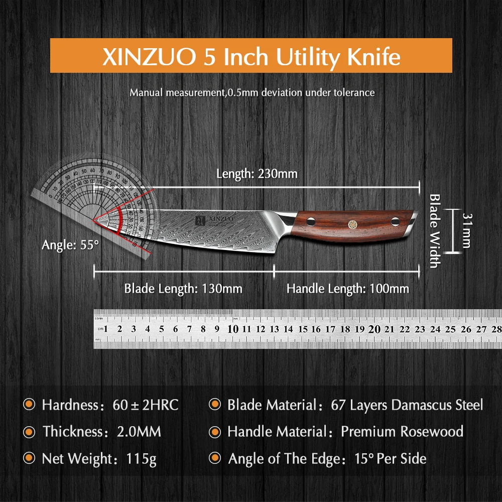 XINZUO 5\'\' inch Utility Knife 67 Layers Damascus Steel Kitchen Utensil Knife Sharp Blade For Fruit Peeling with Rosewood Handle