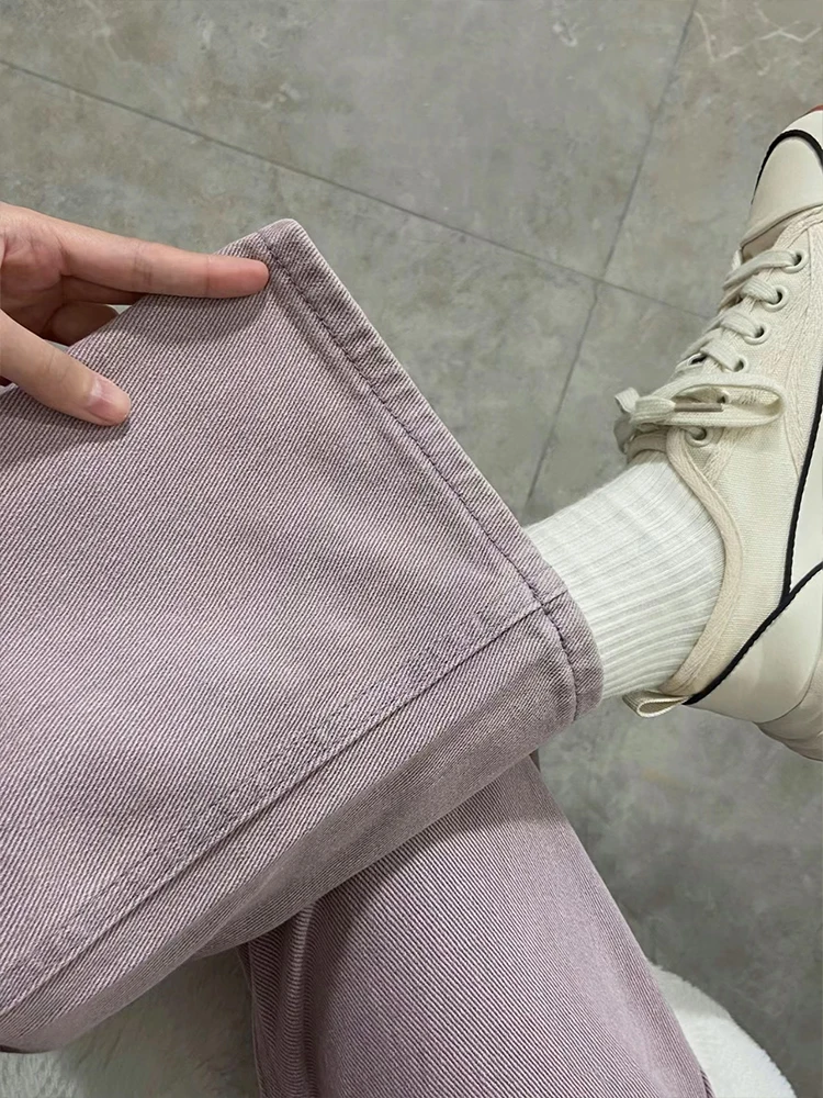 하이웨이스트 와이드 레그 데님 진 여성용 봄 가을 퍼플 루즈핏 플러스 사이즈 슬리밍 도파인 롱 팬츠
