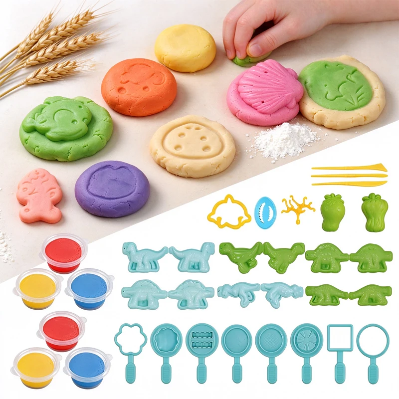 20/27Pcs Kids Play Dough Accessories Cartoon Animals Hamburger Fruit Color Clay Molds Set Children's DIY Play Dough Toy Series
