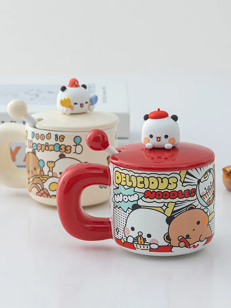 Anime Cute Panda Creative Ceramic Mug With Lid And Spoon Cartoon Print Breakfast Oatmeal Cup For Home Office Coffee Drinking - view 2