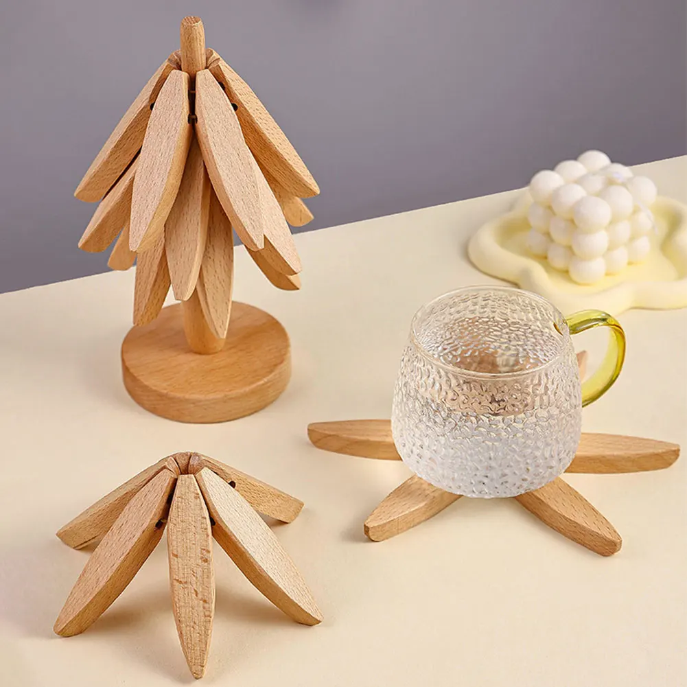 Wooden Trivets for Hot Dishes Tree Shape Trivet 4Pcs/Set 4 Wooden Trivet + 1 Stand Anti Scald Heat Resistant Table Mat Coaster