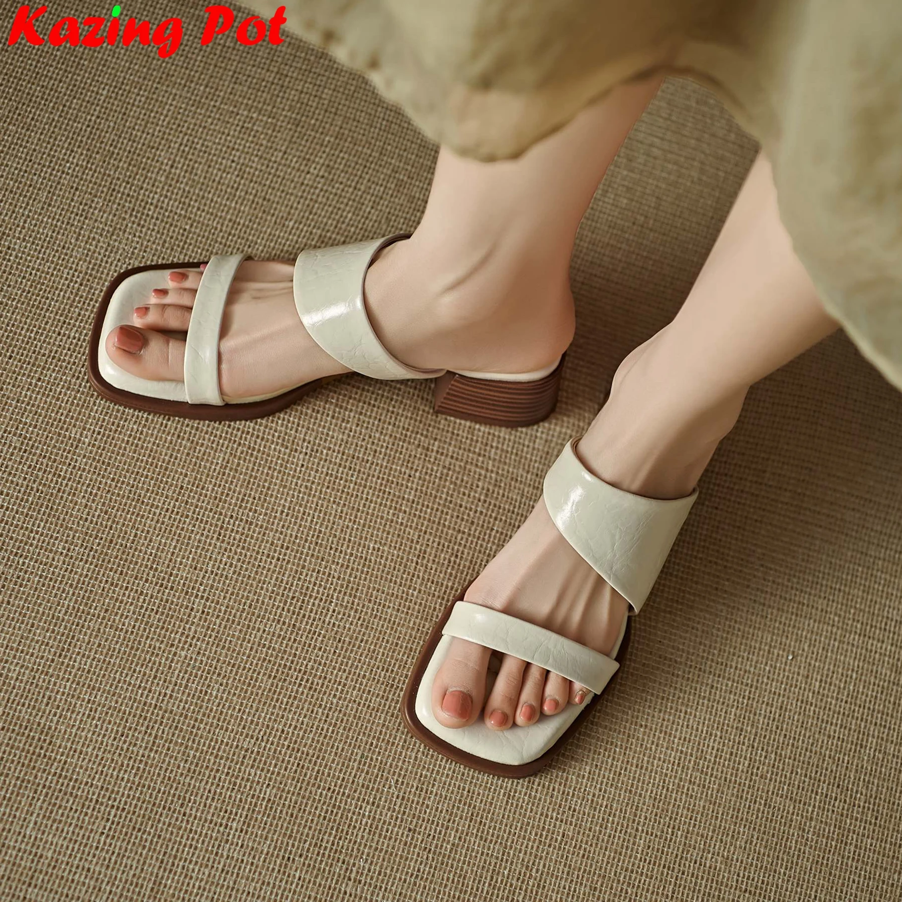 Plus Size 34-41 Cow Leather Peep Toe Slingback Mules Summer Shoes Med Heels Dating Office Lady Casual Dress Modern Women Sandals