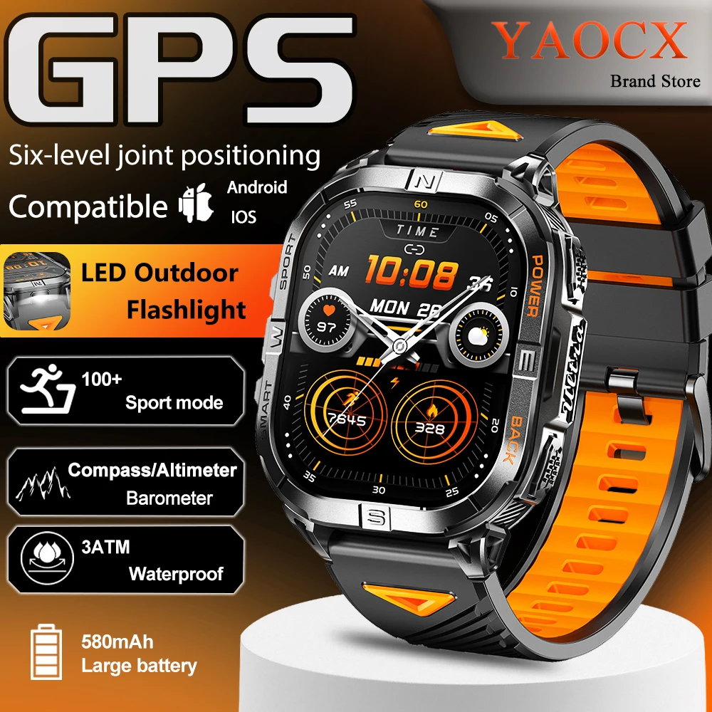 

Новинка 2025 года, умные часы для мужчин, 6-звездочное GPS-позиционирование, барометрический высотомер, компас, 580 мАч, светодиодный фонарик, BT Call, умные часы