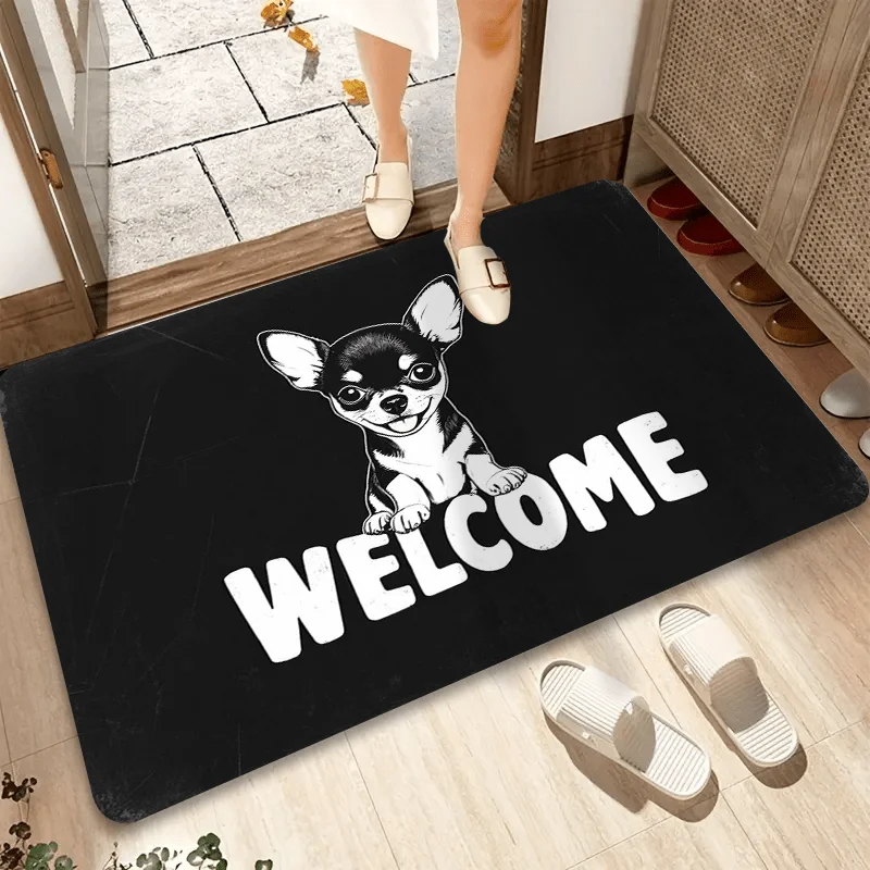 Cute Chihuahua Welcome Mat Non-Slip Polyester Door Mat Adorable Dog Design, for Bedroom, Living Room Entryway, Bathroom Mat