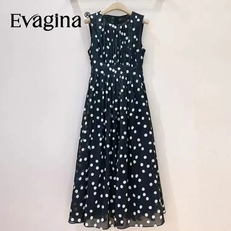 Evagina Summer Women's Dress Cotton Sleeveless Dot Print Design High Waiste Slim Casual Holiday Ball Gown Black Dresses