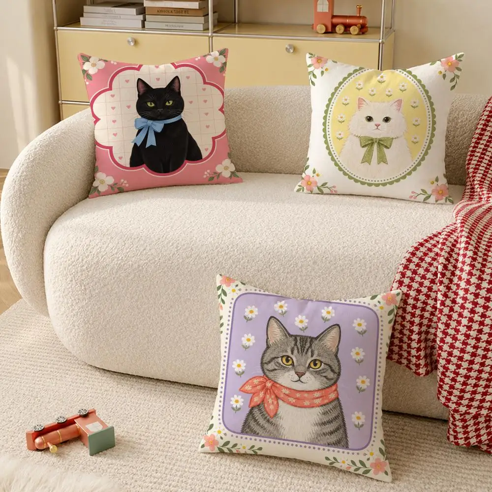 Cute Cartoon Cat Photo Frame Art Cushion Cover Pillow Case Organic Short Plush Cushion Covers Washable Wrinkle-Resistant