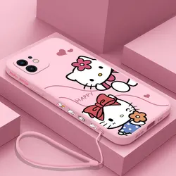 Cartoon Pink Hello Kittys Phone Case For iPhone 16 15 14 13 12 11 Pro Max Mini X XR XSMAX 8 7 6S Plus Soft Cover With Hand Strap