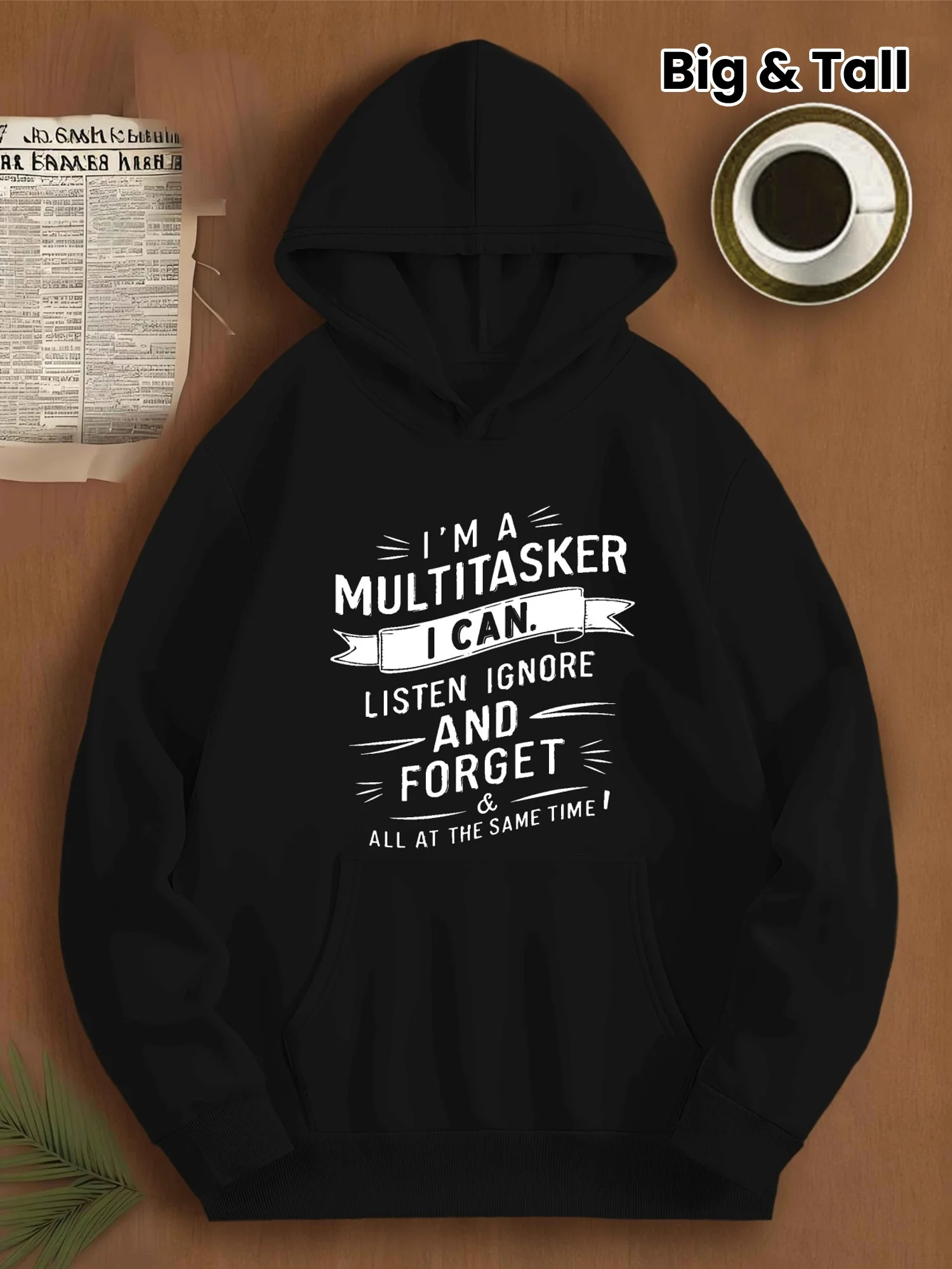 

Printed font "I'm Multitasking", men's hooded sweatshirt - mixed color grey casual loose turtleneck, humorous slogan print