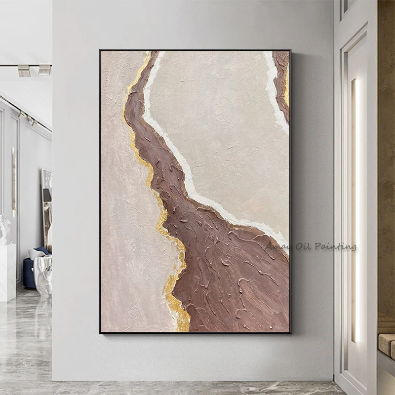 Handpainted Minimalist Brown Stream Abstract Oil Painting Thick Texture Wall Hangings Modern Living Room Artwork