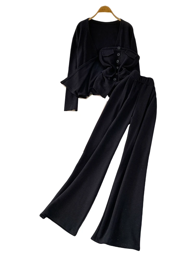 Ele Drama Coreano Fem Chumbo Aberto Cardigan furador Casual Calças de Cintura Alta Conjunto de Peça de Camiseta Oulder Pad Crop Top Faion En...