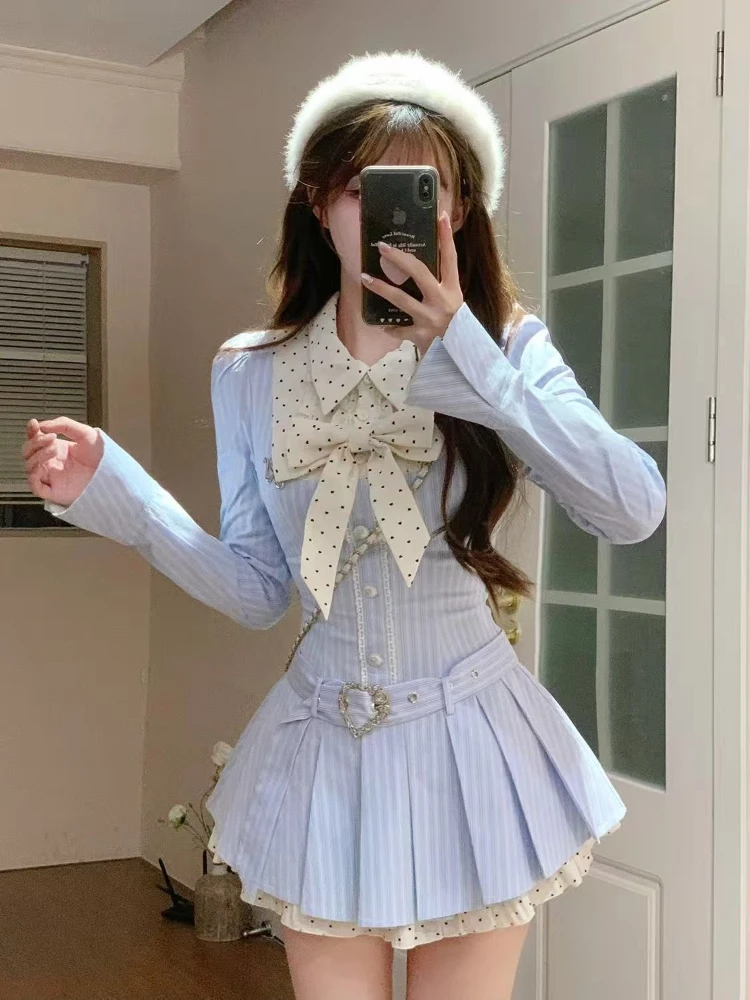 

Autumn Preppy style sweet and elegant women's dress Y2k striped polka dot lapel design dress