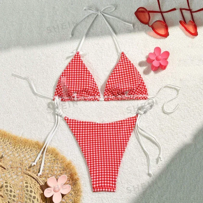 Red Plaid String Halter Micro Bikini for Women Thong Mini Swimwear Lace-up Sexy Swimsuit Bathing Suit Triangle Bikinis Sets 2024